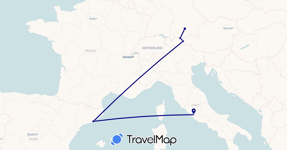 TravelMap itinerary: driving in Austria, Germany, Spain, Italy (Europe)